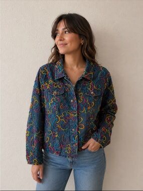 Chico’s Embroidered Dark Denim Jacket - Multicolor Stitch Detail